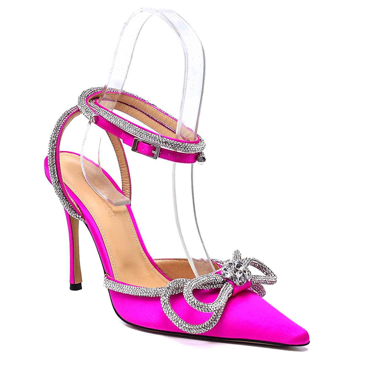 Mach & Mach - Fuschia Pink Double Bow Crystal Embellished Silk Satin Point-toe Pumps